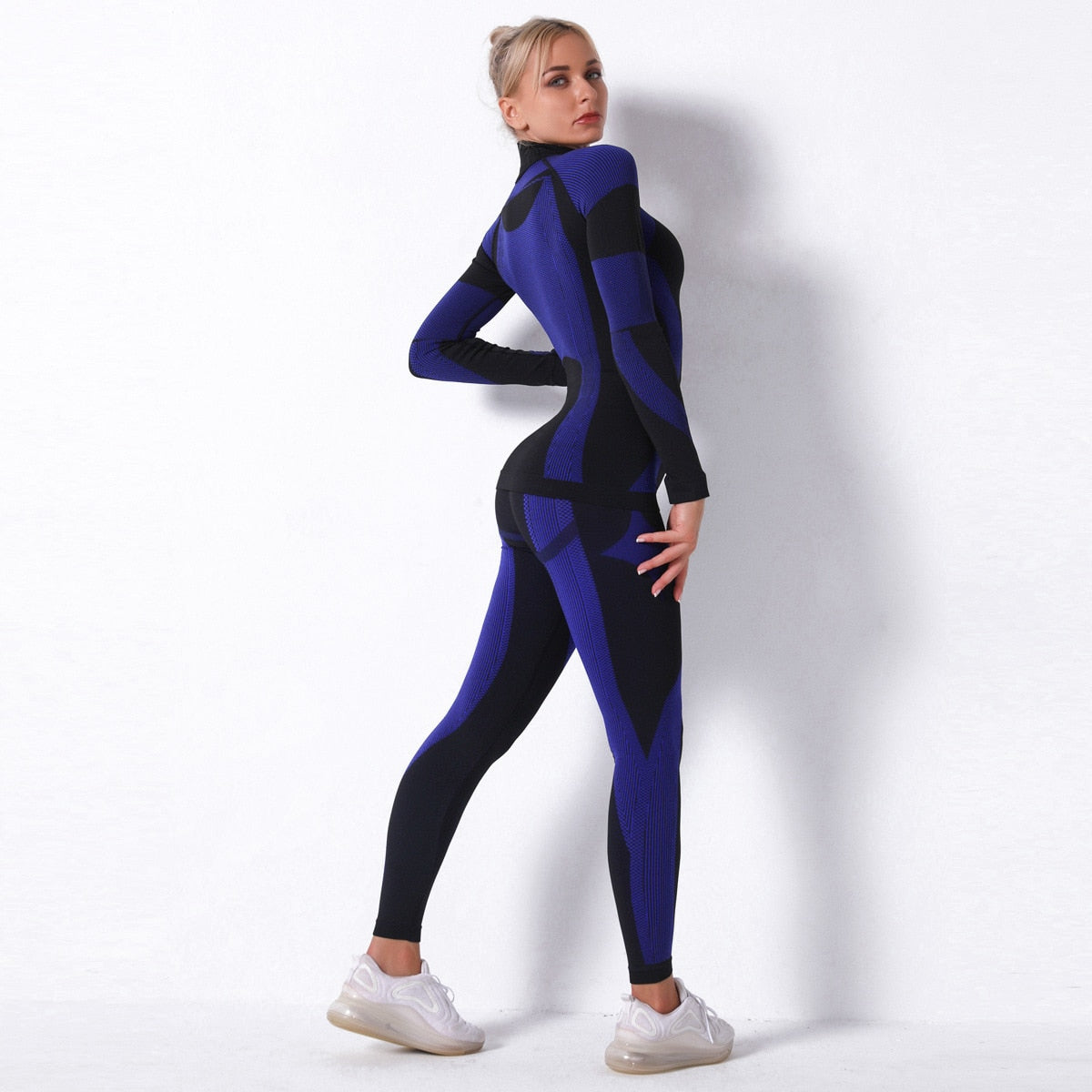 Women Long Sleeve Gym Clothes BlackBlue Set1