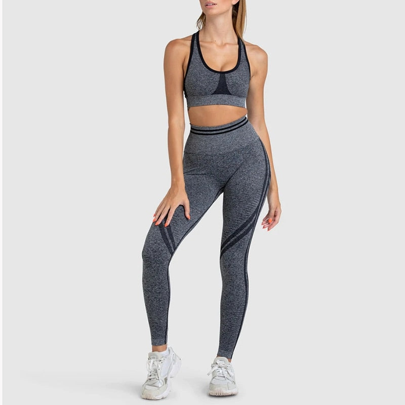 Seamless Women Gym Suits Linen grey Set 2