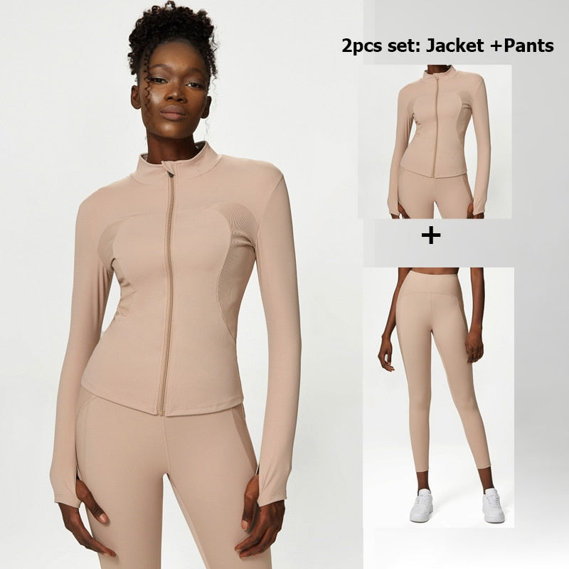 Women Solid Color Stretch Athletic Suit B-Khaki