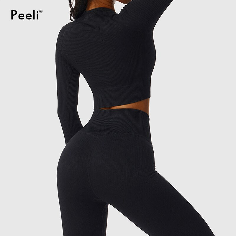 Women Long Sleeve Crop Top Yoga Suit