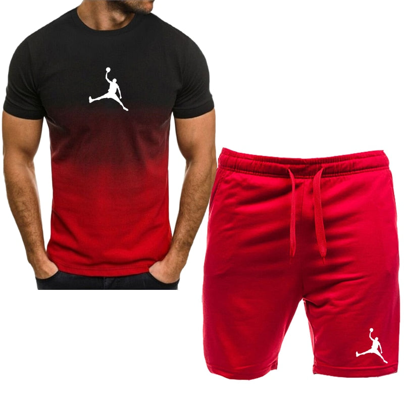 Men Cotton Short Sleeve T-shirt Set red-B