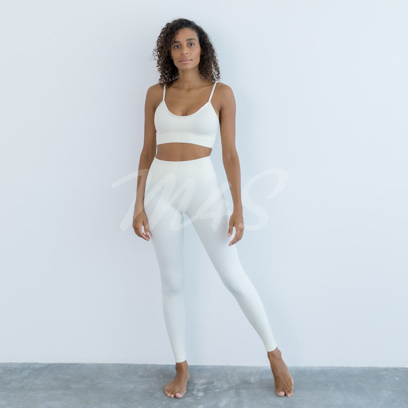 Seamless Ribbed Women Yoga Set 2865 white