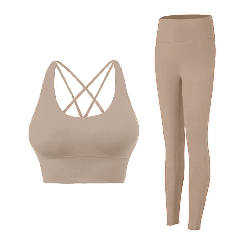 Women Two Piece Gym Yoga Suit Set Khaki