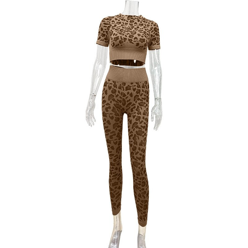 Women Leopard Print Sport Gym Sets khaki