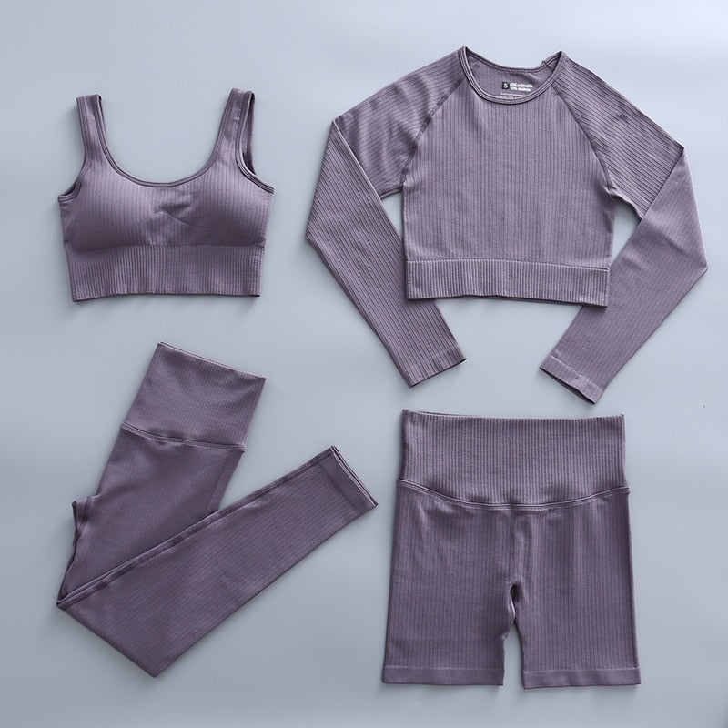 Women Seamless Workout Gym Wear Suits dark purple-4pcs