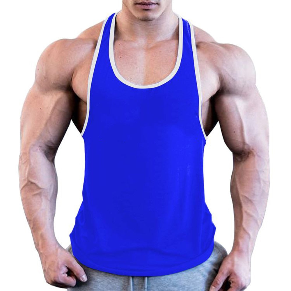 Men Gym Singlet Stringer Muscle Tank Tops blue white
