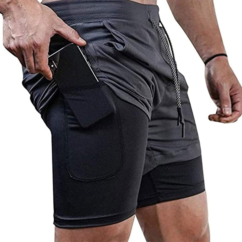 Men Fitness Gym Training 2 in 1 Sports Shorts Gary No Hole