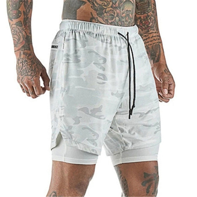 Men Double-deck Running Shorts White Camouflage