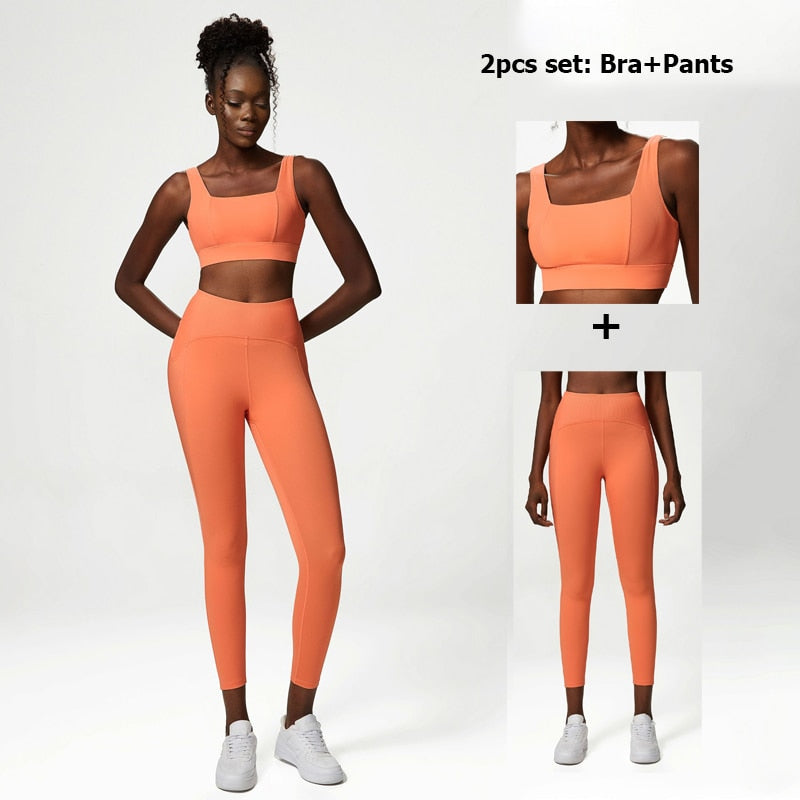 Women Solid Color Stretch Athletic Suit A-Orange