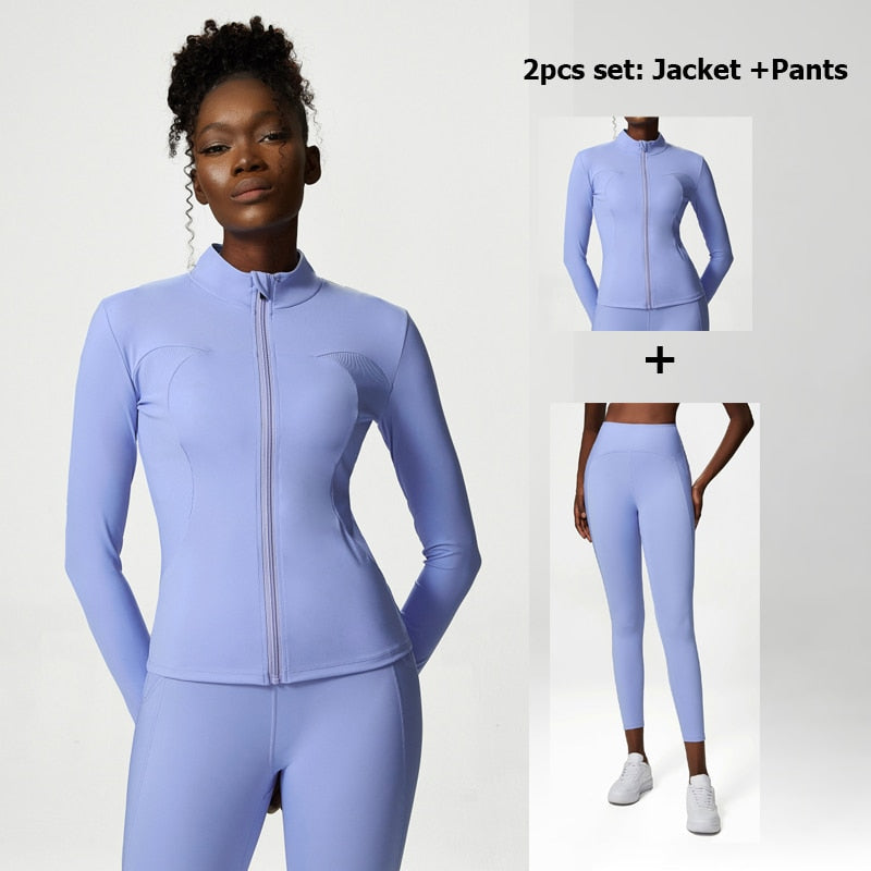 Women Solid Color Stretch Athletic Suit B-Blue
