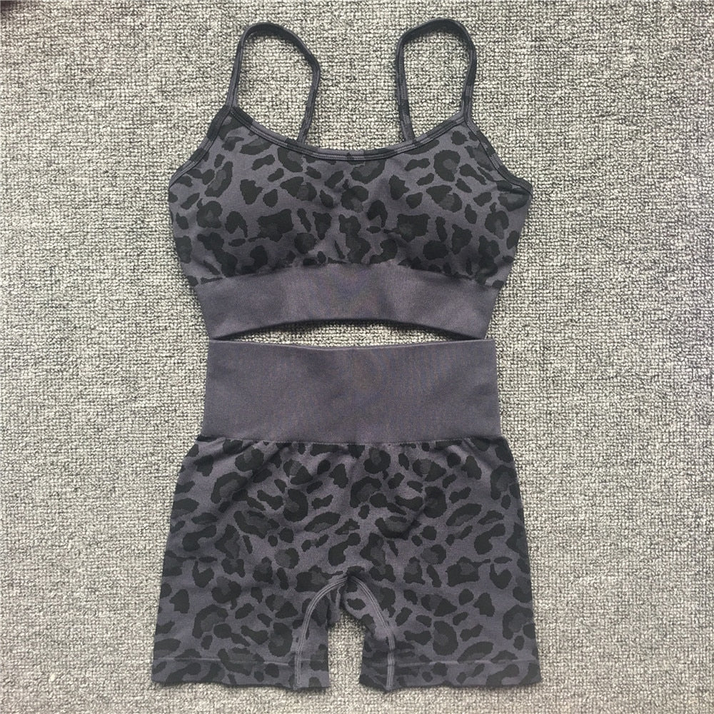 Women Leopard High Neck Sport Suits black bra st set