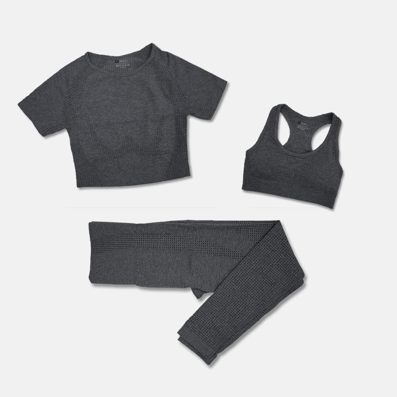 Women Seamless Gym Workout Set 999-3PCS-B-dark grey