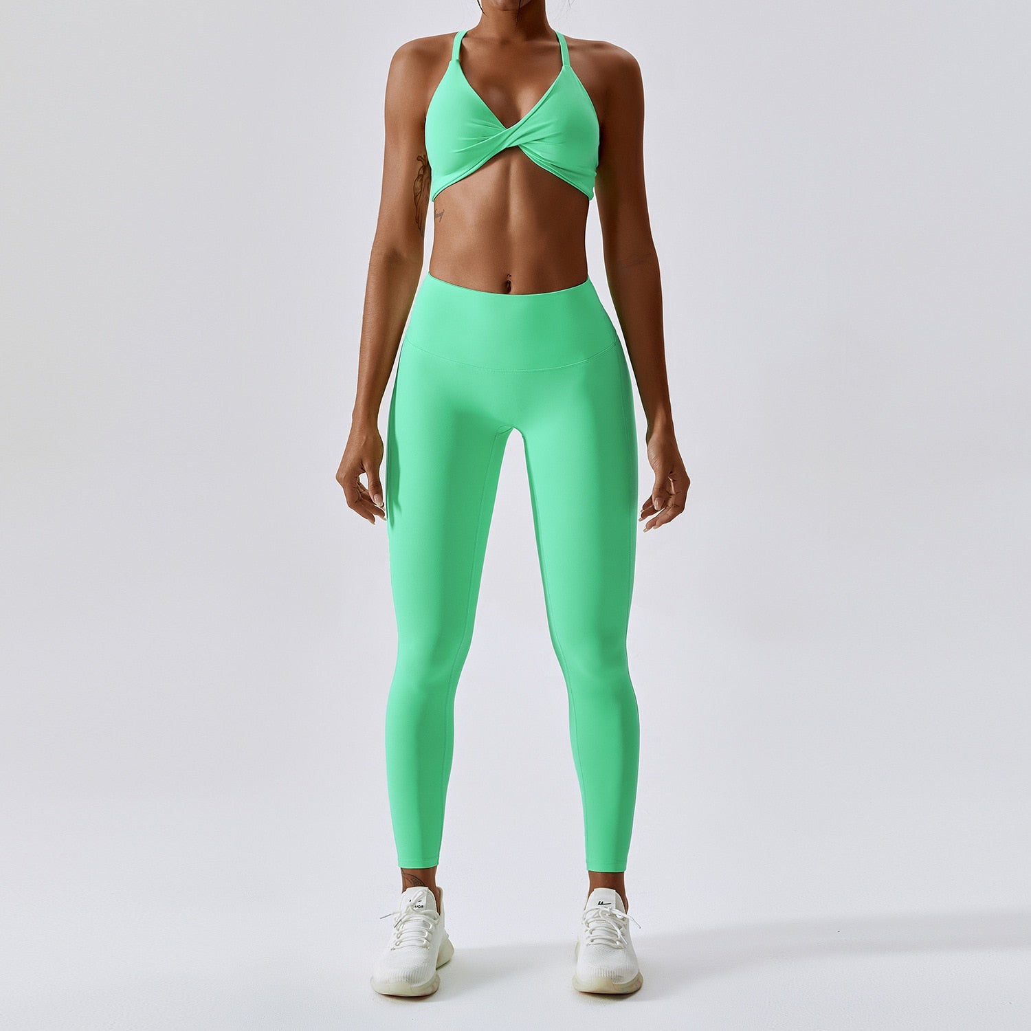 Women Drawstring High Waist Leggings Apple Green Set-2