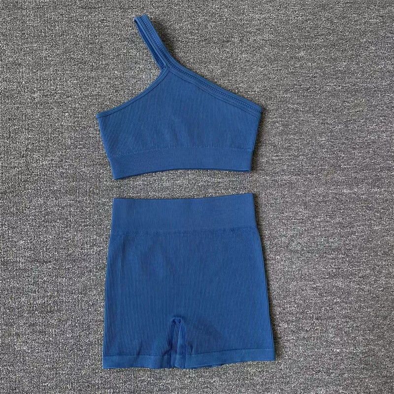 Two Piece Yoga Long Sleeve Tracksuit BraShorts1 Blue