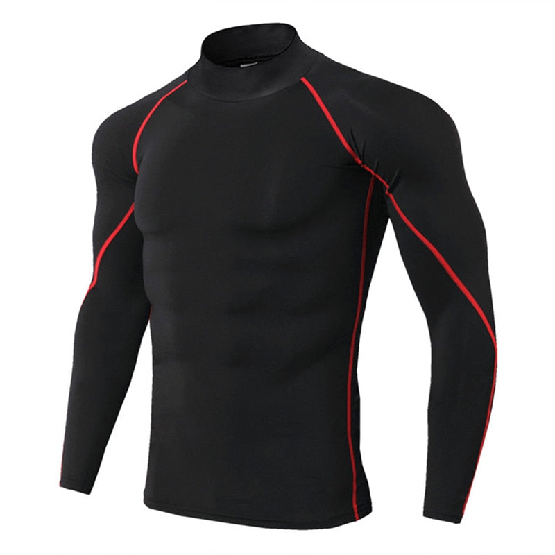 Men Bodybuilding Sports Long Sleeve Shirt BlackRed Line