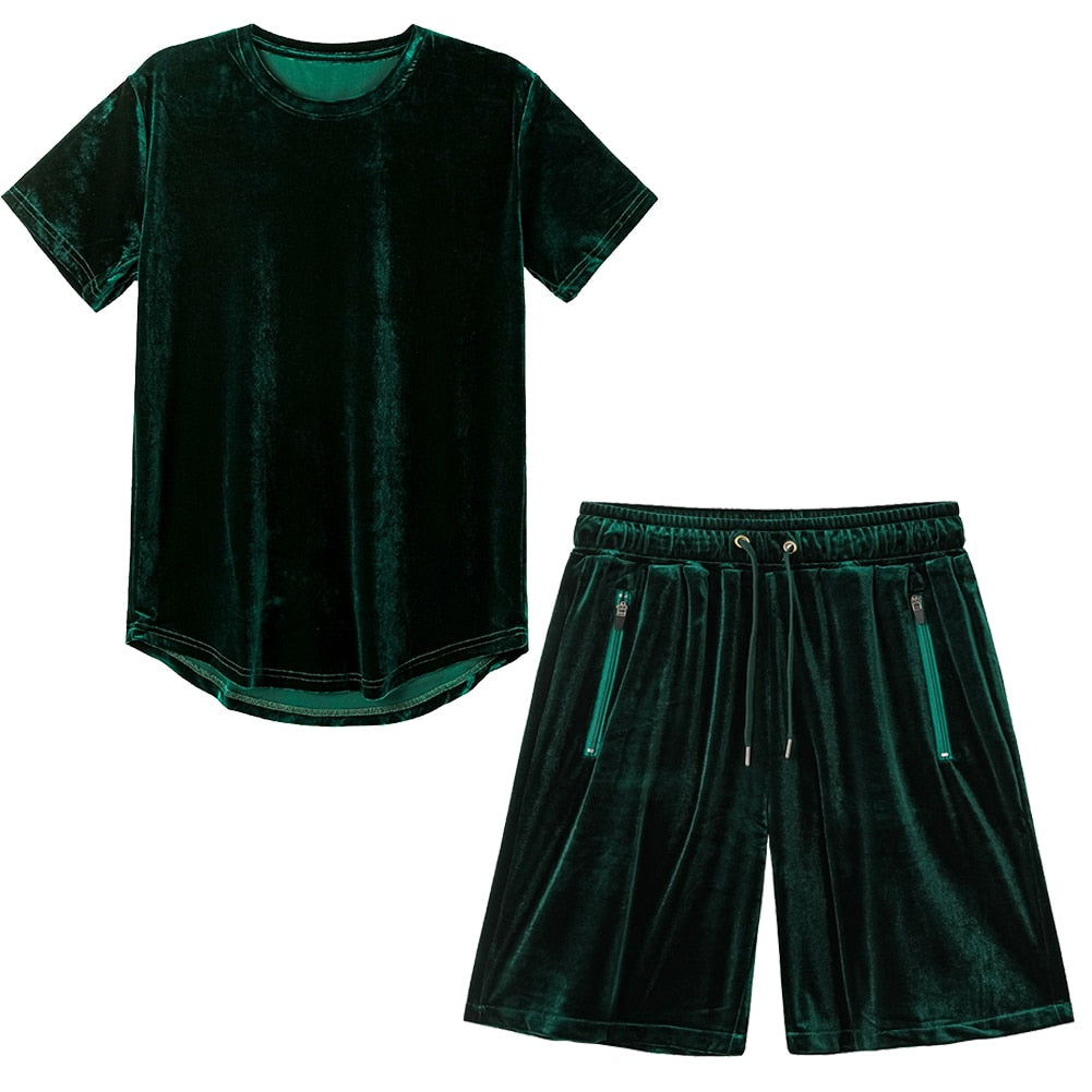 Men Velvet Velour Hip Hop Gym Short Green