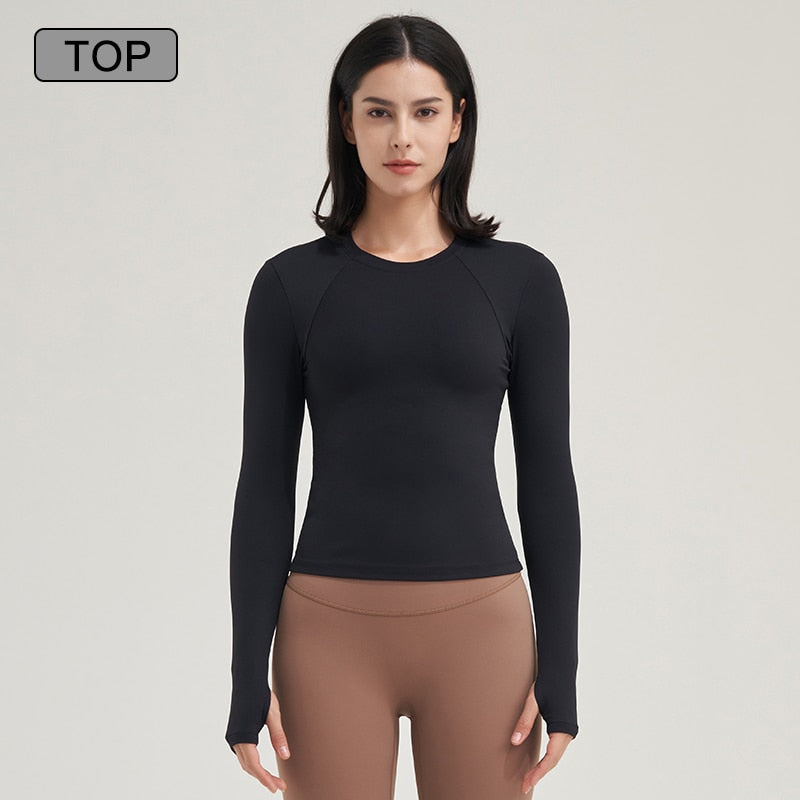 Women Pilates Long Sleeve Gym Shirt Top-Black