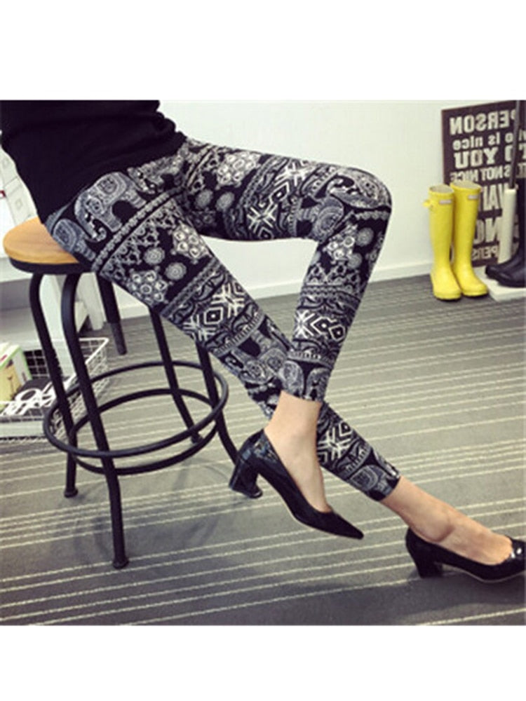 Women Printing High Quality Leggings Black white elephant