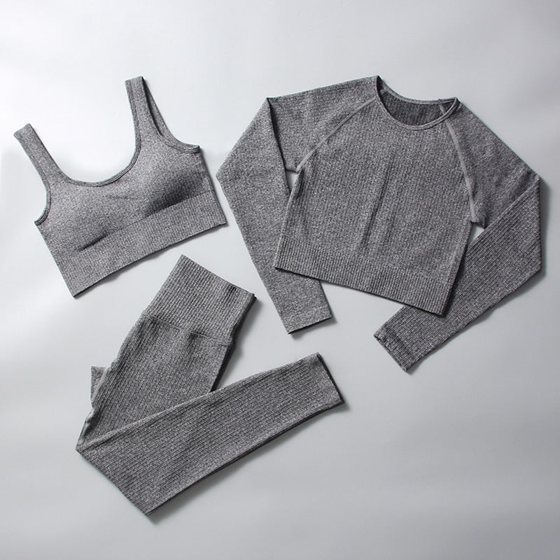 Women Seamless Workout Gym Wear Suits gray-3pcs