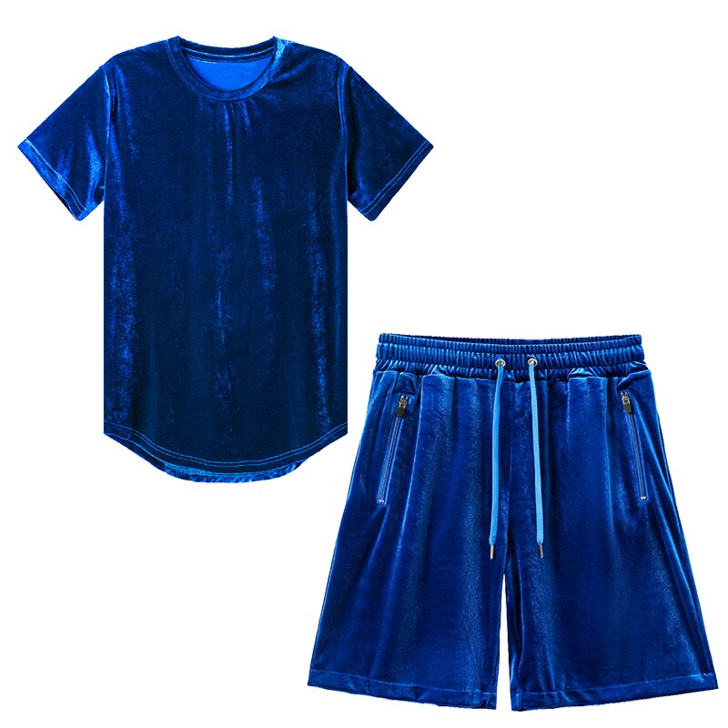 Men Velvet Velour Hip Hop Gym Short Blue 1