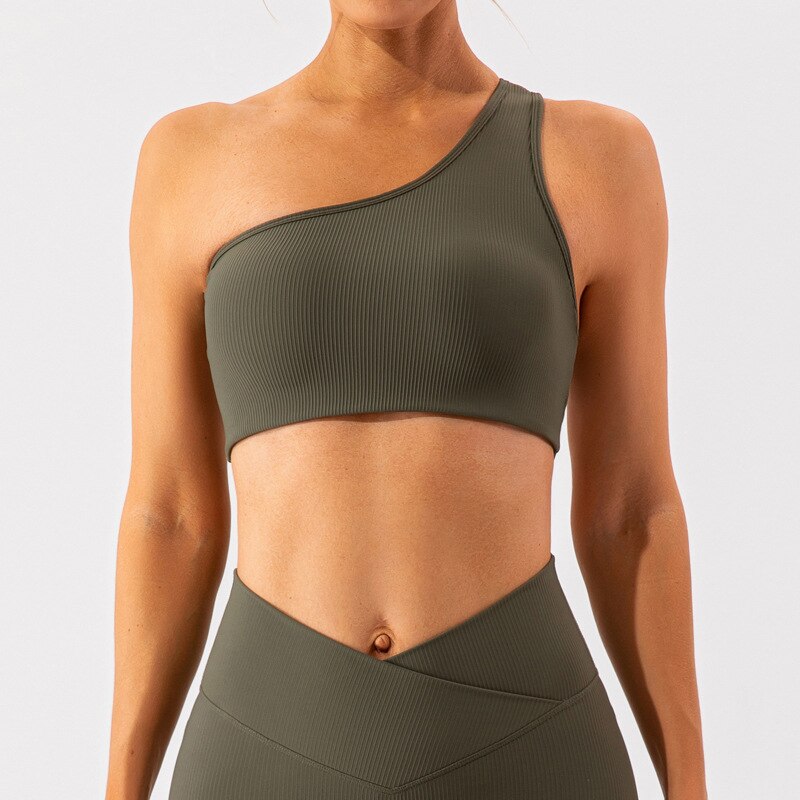 Women One Shoulder Sexy Sports Bra Green