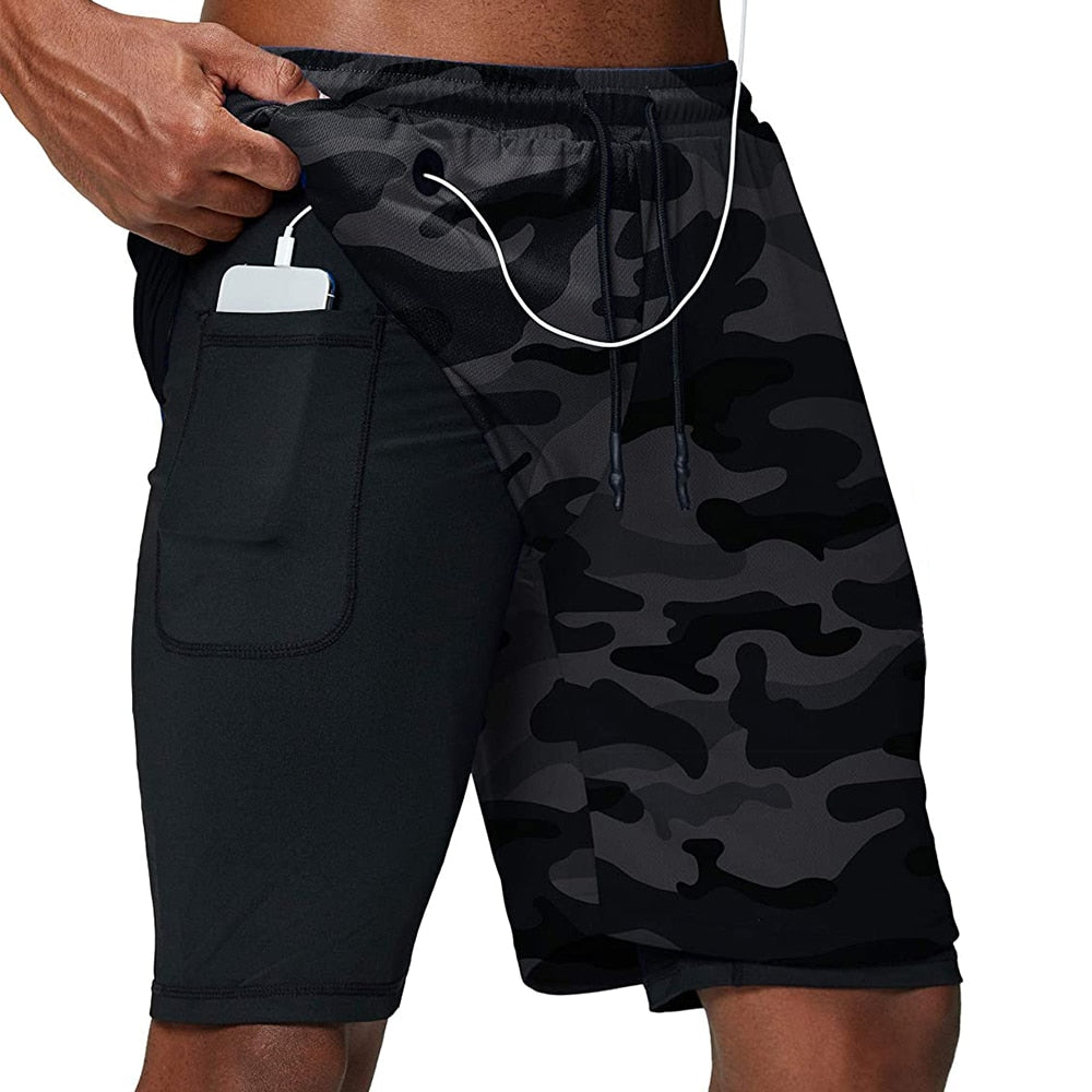 Men Fitness Gym Training 2 in 1 Sports Shorts Camo2 Headphone Hole