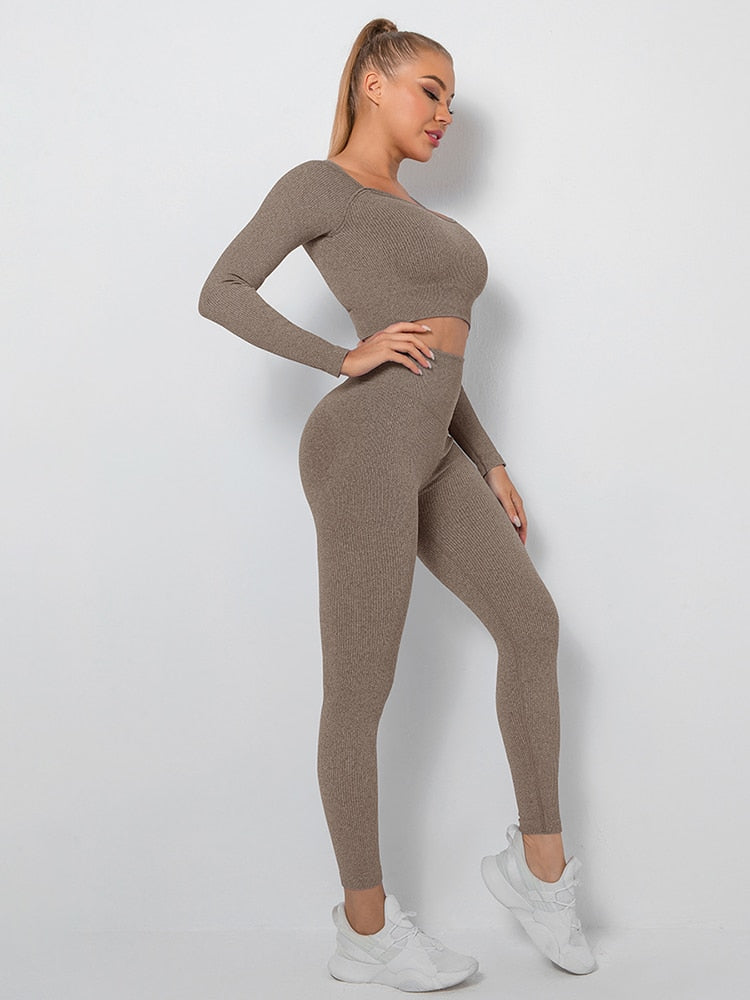 Women High Waist Leggings Sports Suits Coffee