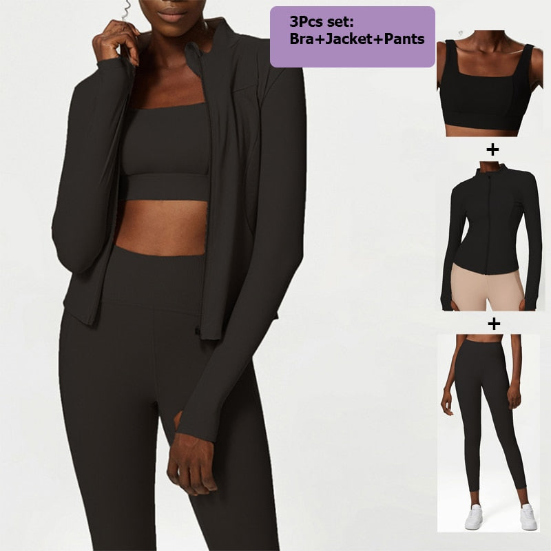 Women Solid Color Stretch Athletic Suit C-Black