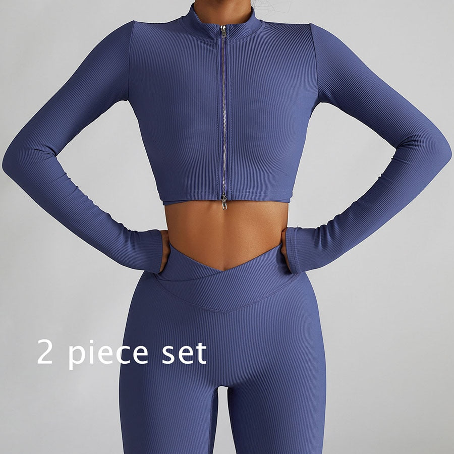 Women 2 Piece Gym Long Sleeve Jacket purpl 2-piece set