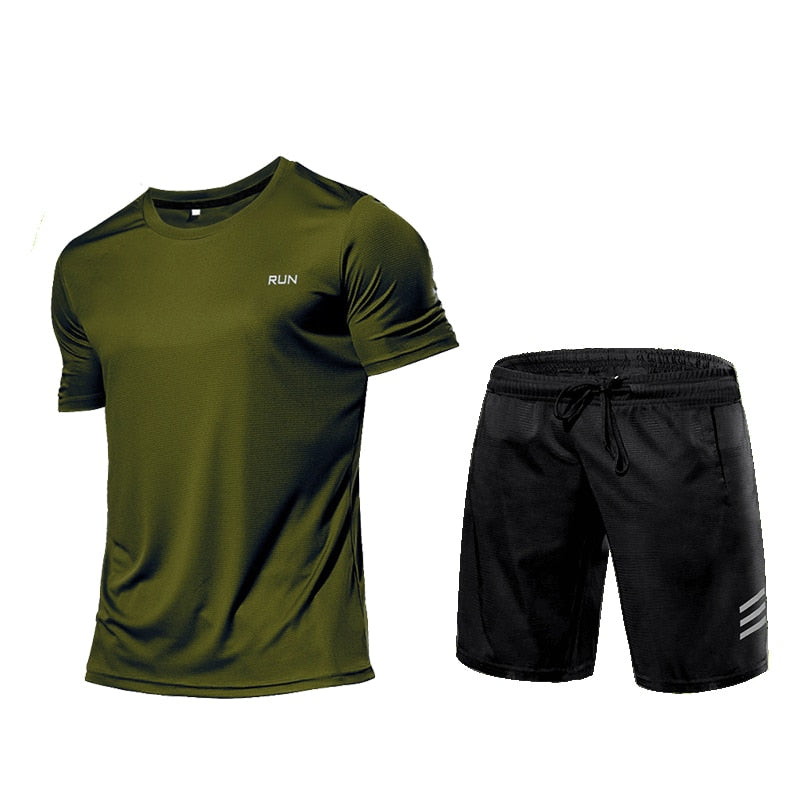 Men Compression Clothing Fitness Gym Set Army green Set