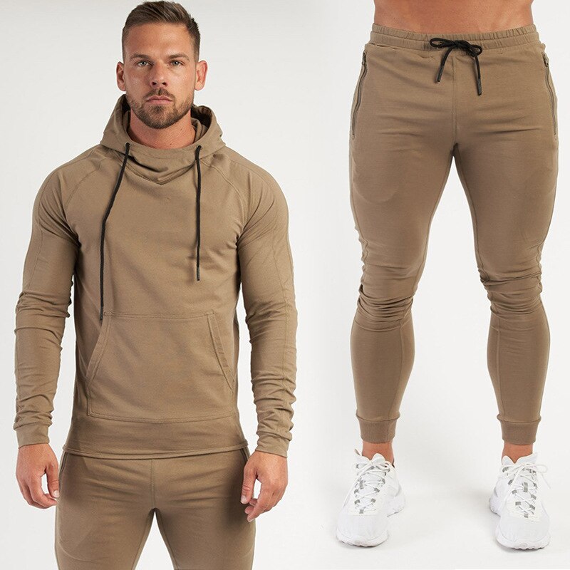 Men Fitness Cotton Printed Hoodie Trousers Khaki no logo