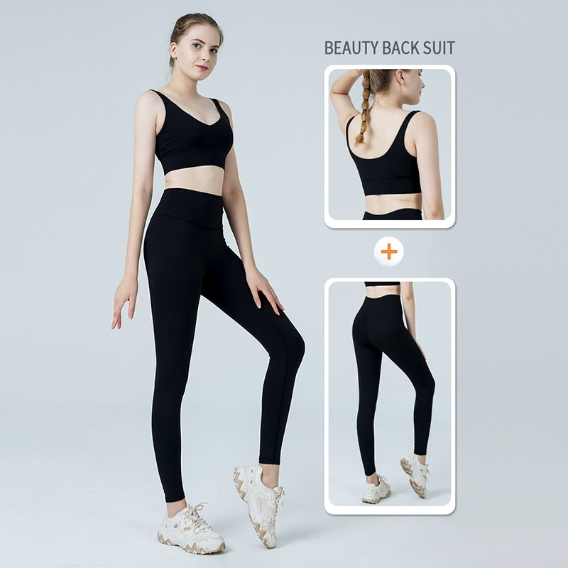 Women Naked feeling Gym Leggings Two Piece-Black