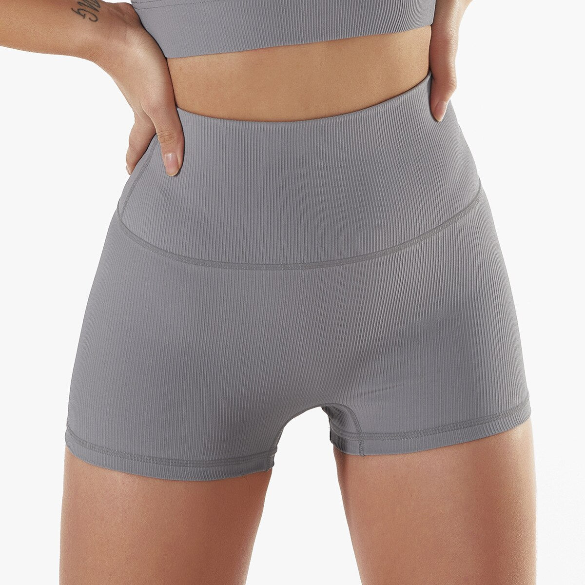Women Rib Fabric Gym Yoga Shorts Grey