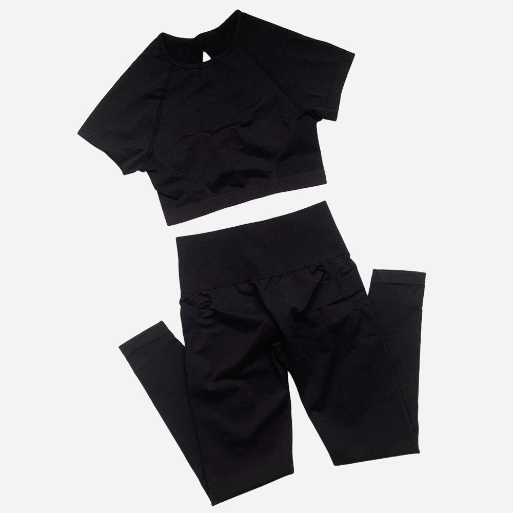 Women Crop Top 2 Piece Yoga Suit Black set