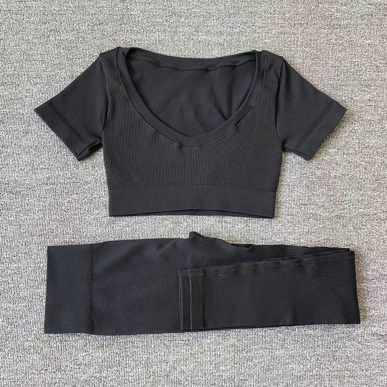 Two Piece Yoga Long Sleeve Tracksuit TshirtPants Black 1