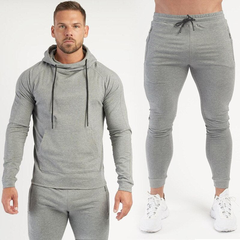 Men Fitness Cotton Printed Hoodie Trousers grey no logo