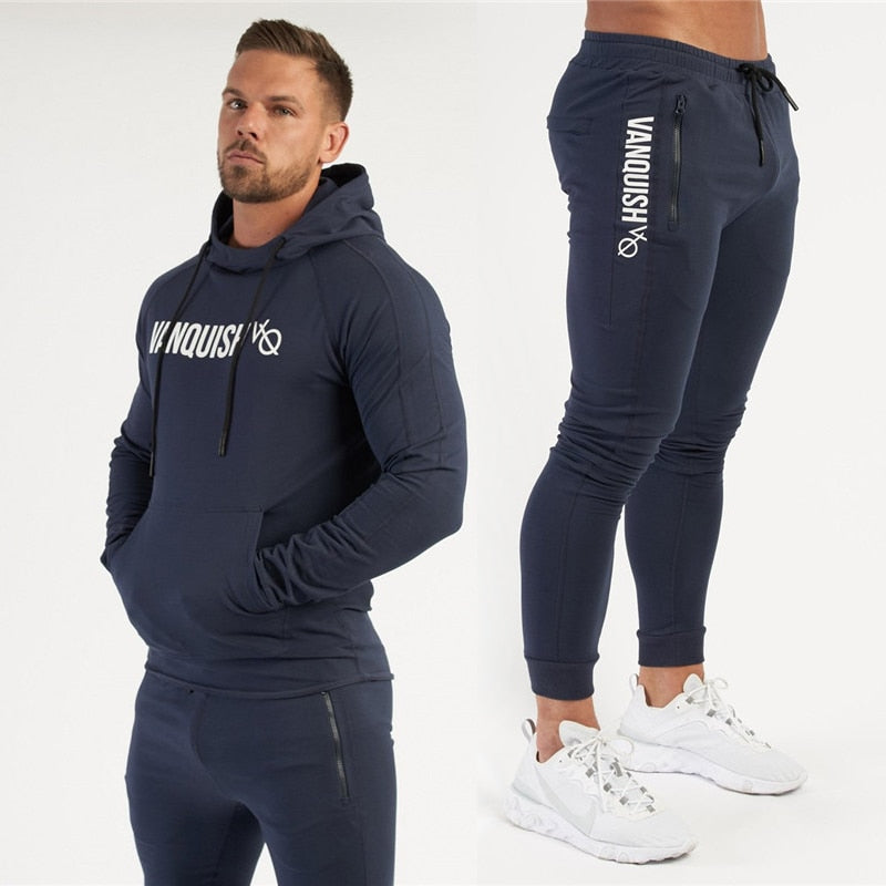 Men Fitness Cotton Printed Hoodie Trousers navy