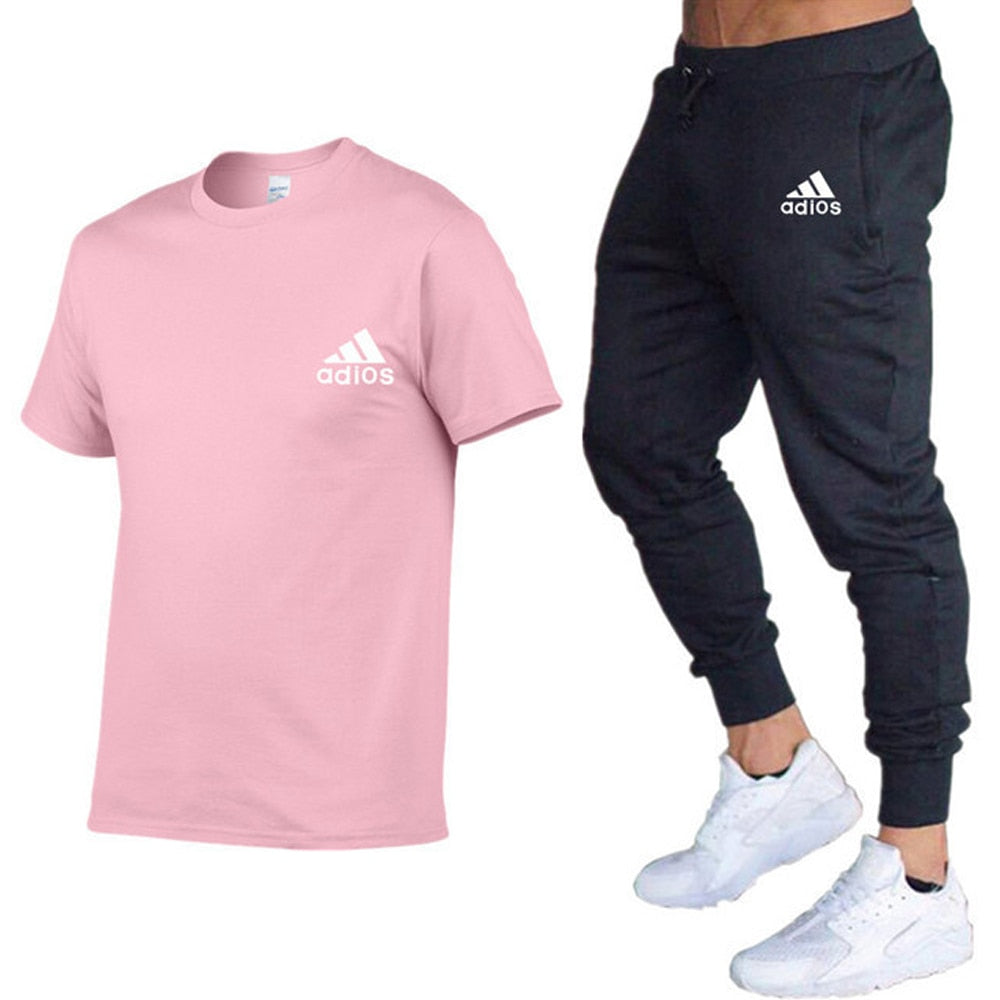 Men Fitness Luxury Brand Tracksuit Pink sets