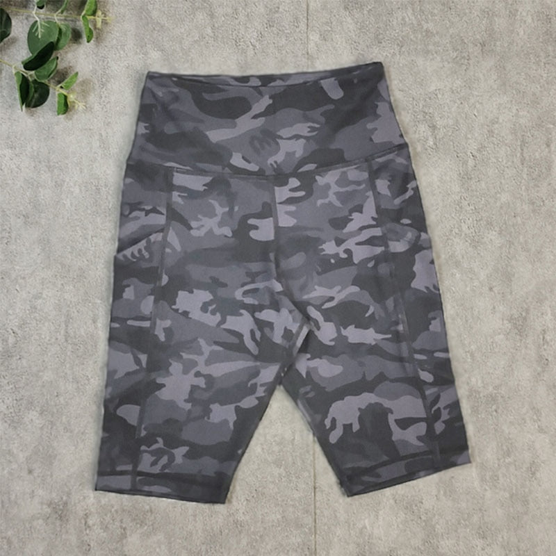 Women Phone Pocket Tie Dye Biker Shorts Grey Camo