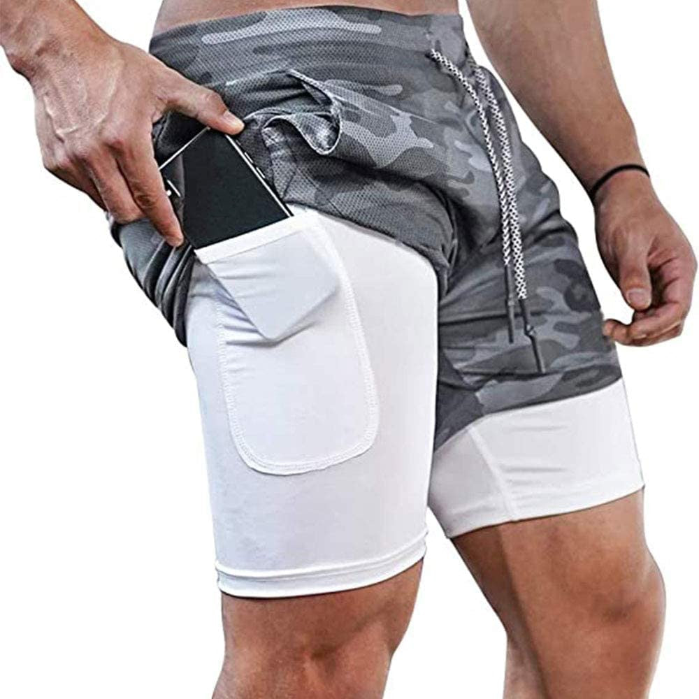 Men Fitness Gym Training 2 in 1 Sports Shorts Camo2 No Hole