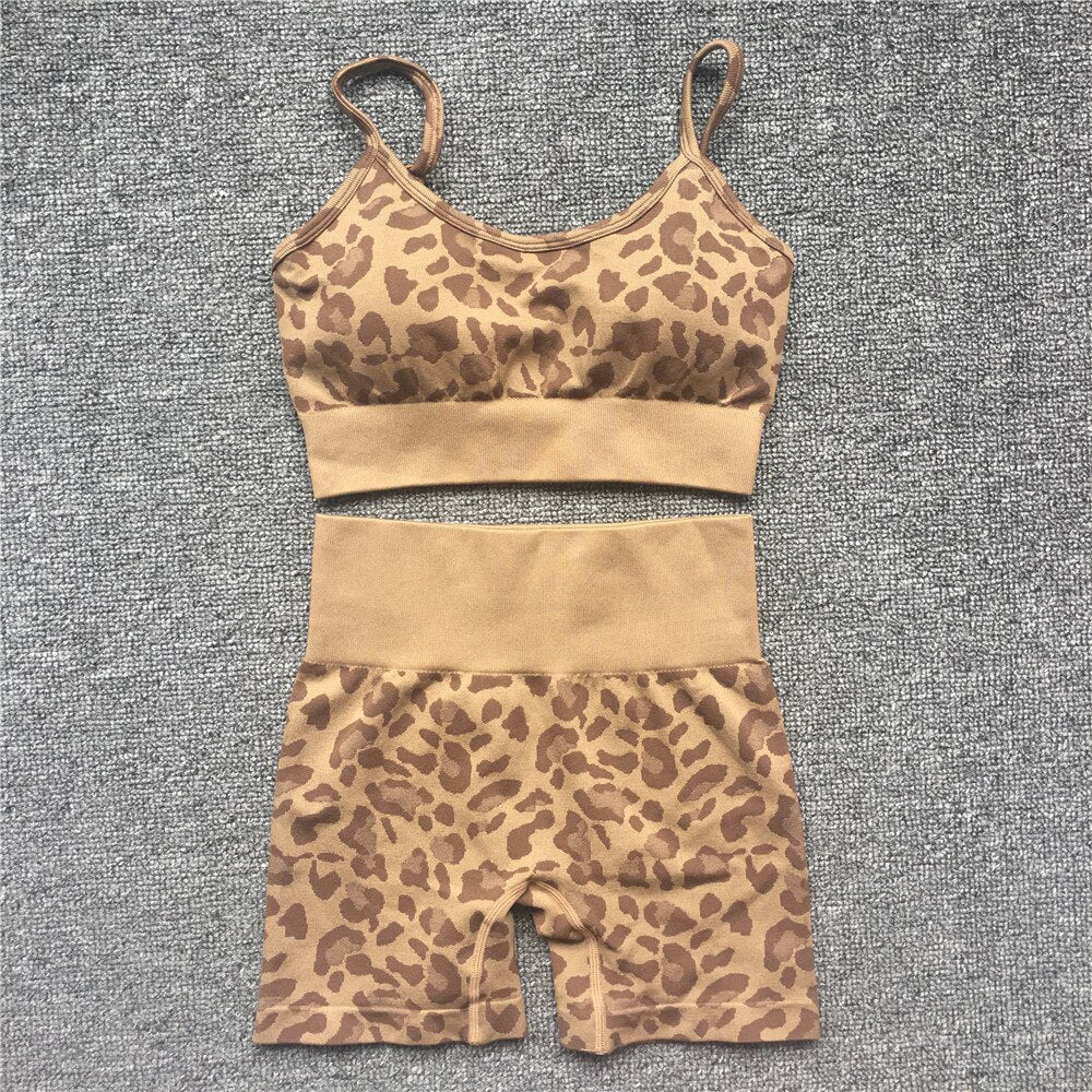 Women Leopard High Neck Sport Suits brown bra st set