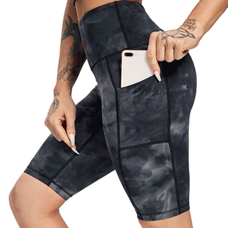 Women Phone Pocket Tie Dye Biker Shorts Black Tie Dye