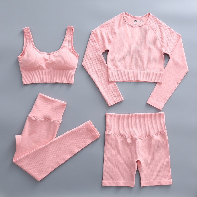 Women Seamless Workout Gym Wear Suits pink-4pcs