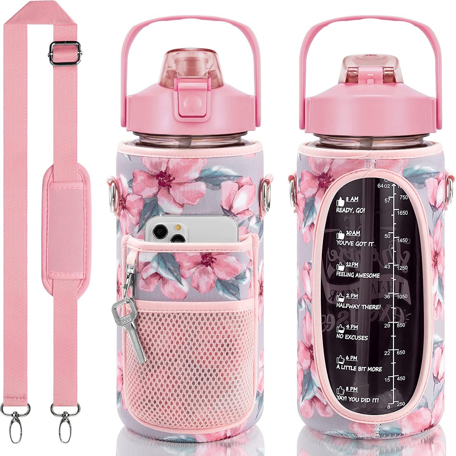 2 Liters Water Bottle with Sleeve 2L Pinkflower