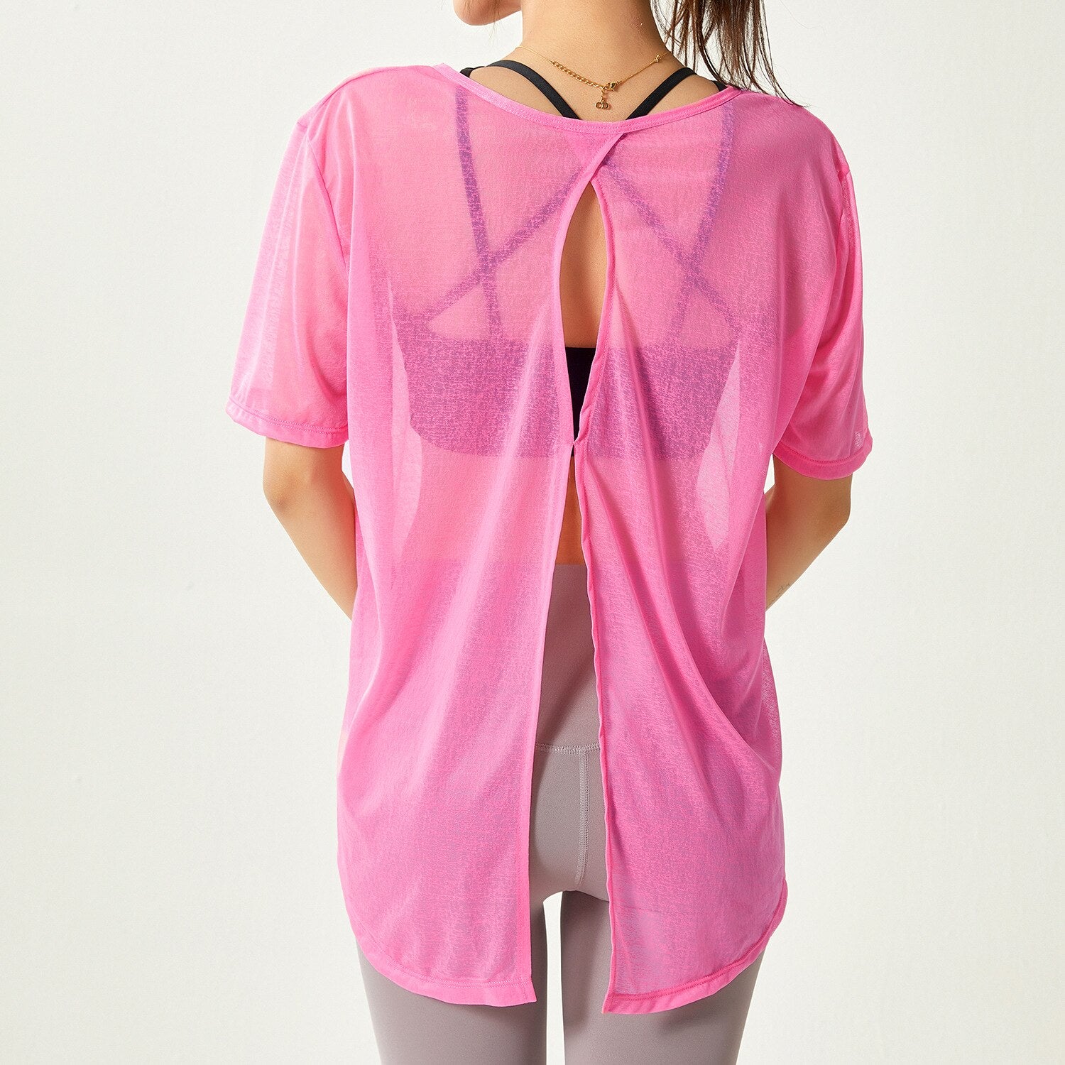 Thin Loose Backless Slit Yoga Shirts QDX146-Rose Red