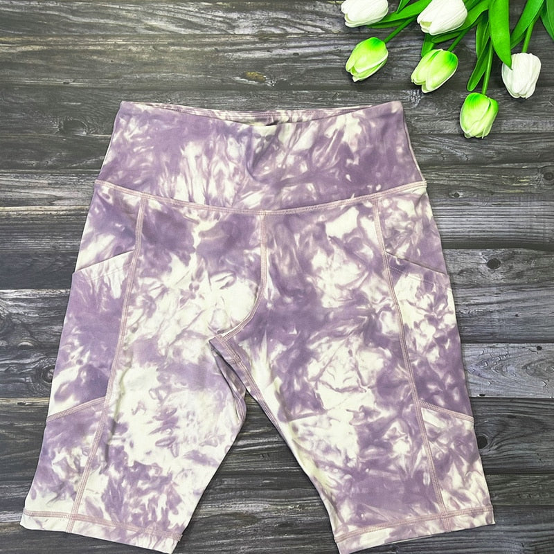 Women Phone Pocket Tie Dye Biker Shorts Purple Tie Dyeing