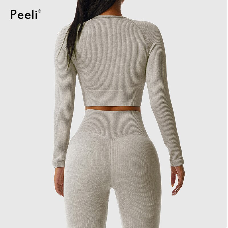 Women Long Sleeve Crop Top Yoga Suit