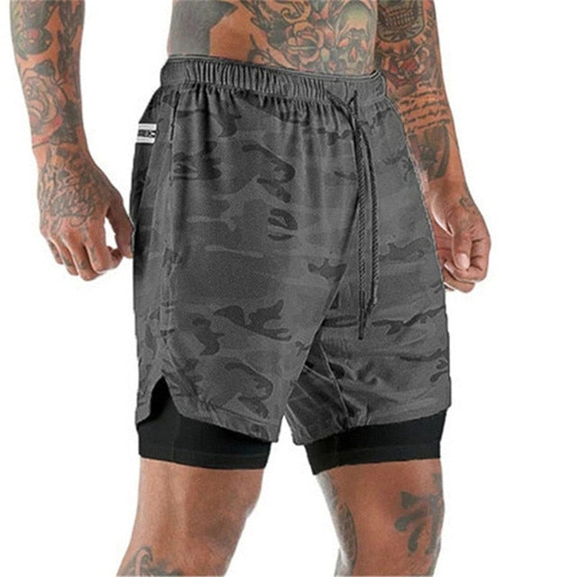 Men Double-deck Running Shorts Gray Camouflage