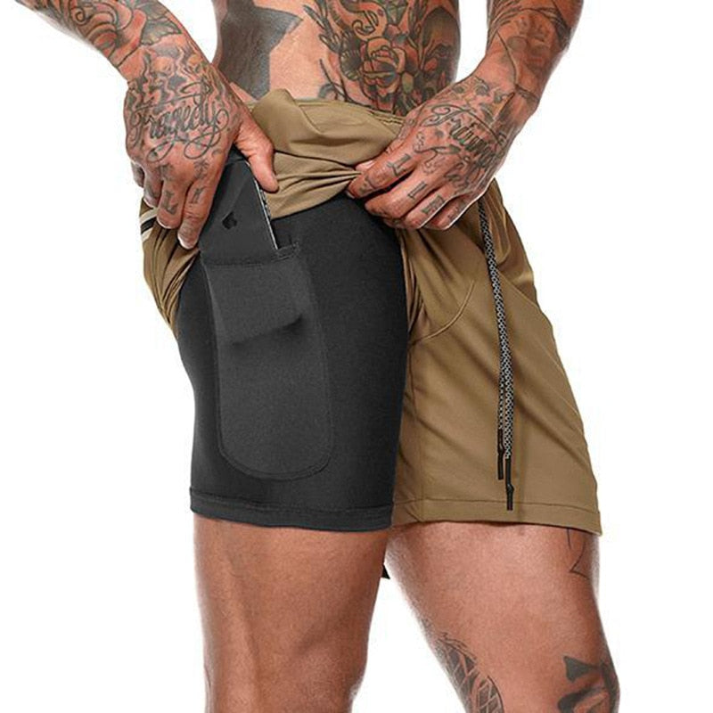 Men Double-deck Running Shorts Khaki