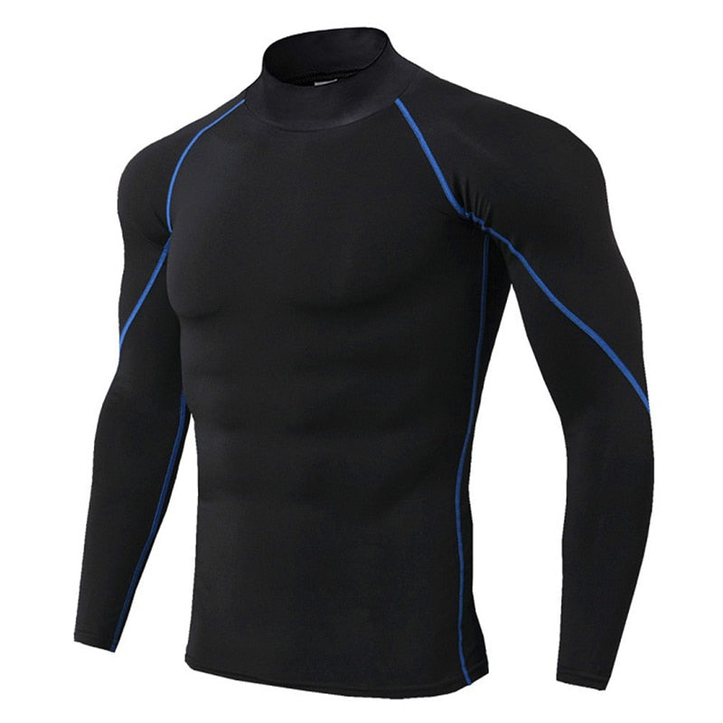 Men Bodybuilding Sports Long Sleeve Shirt BlackBlue Line